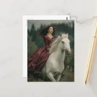 A Woman Riding a Grey Horse in a Dress Postcard