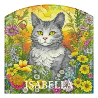 Personalized Whimsical Cat and Flowers Door Sign