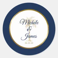 Elegant Navy Blue Gold Palm Tree Modern Wedding Classic Round Sticker