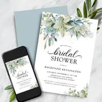 Pale Dusty Blue Eucalyptus Greenery Bridal Shower Invitation