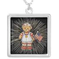Vintage Nurse Bear with Modern White Fireworks Silver Plated Necklace