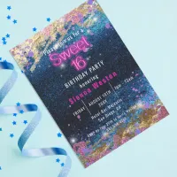 Modern Glam Blue Glitter Hot Neon Pink Sweet 16 Invitation