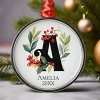 Monogram Initial Letter A Berry Wreath Christmas Metal Ornament