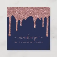 Navy Blue Rose Gold Sparkle Glitter Drips Luxury Square Business Card