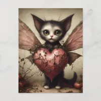 Grey Bat Cat Fairy with Pink Heart Postcard