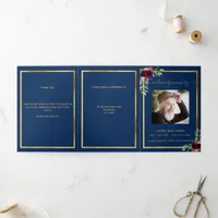 Blue floral gold photo tri-fold funeral program