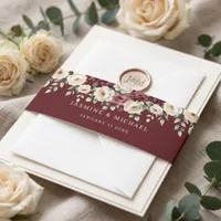 Moody Burgundy White Peony Winter Wedding Invitation Belly Band