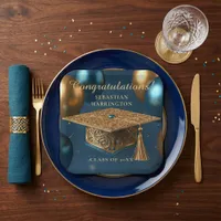Elegant Gold Filigree Cap Teal Balloon Graduation Paper Plates