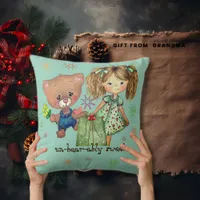  Sweet Girl and Teddy Bear Teal  Throw Pillow