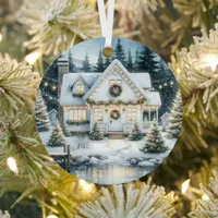 Pretty Festive House on a Frozen Lake Christmas Metal Ornament