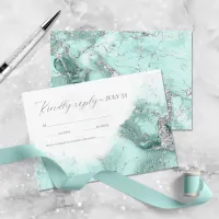 Marble Glitter Wedding Teal Silver ID644 RSVP Card