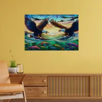 Two Bald Eagles Catching Fish Over a Vibrant River Poster