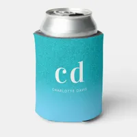 Teal blue glitter drip aqua sea green monogram can cooler