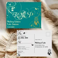 Dreamcatcher Calligraphy Boho Wedding RSVP Teal Foil Invitation Postcard