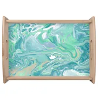 Teal Green Blue Marble Fluid Art   Serving Tray
