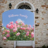 Pink rose bush under blue sky, custom  door sign