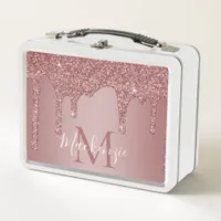 Sparkle Glam Rose Gold Dripping Glitter Monogram Metal Lunch Box