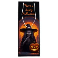 Scary Halloween Witch and Crazy Smile Pumpkin Wine Gift Bag
