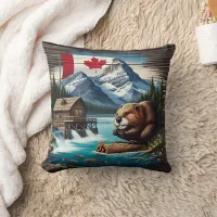 Canadian Beaver by Mountain Lake During Day Throw Pillow