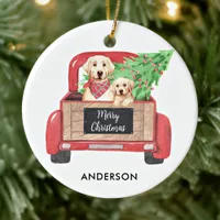 Yellow Lab Puppy Dog Vintage Red Christmas Truck  Ceramic Ornament