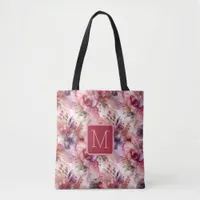 Pink and Purple Flowers Color Block Monogram Tote Bag