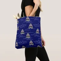 Funny Sharks and Ocean Waves Patterned Blue Tote Bag