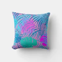 Tropical Pink and Blue Palm Tree Beach House Throw Pillow