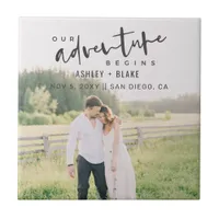 Our Adventure Begins Script Photo Save the Date Ceramic Tile