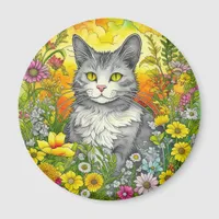 Whimsical Cat and Flowers Magnet