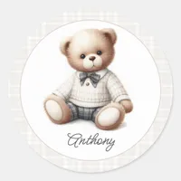 Classic Preppy Teddy Bear Personalized Birthday Round Sticker