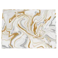 White, Gold and Silver Marble Swirls Fluid Art  Large Gift Bag