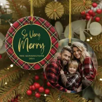 Red Tartan Plaid Gold Script Christmas Ceramic Ornament