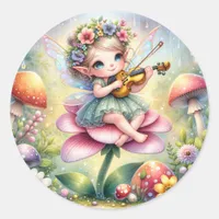 Cute Anime Girl with Violin on Mushroom  Classic Round Sticker