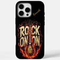 Guitar on fire with rock-inspired typography iPhone 16 pro max case