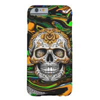 Black Orange and Lime Green Sugar Skull Art Barely There iPhone 6 Case