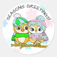 Seasons Greetings Cute Owl Couple Christmas Classic Round Sticker