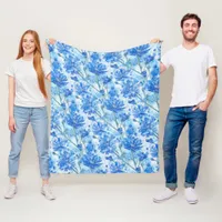 Abstract Watercolor Blue and White Flowers Fleece Blanket