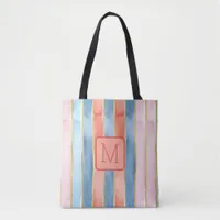 Wide Vertical Stripes Corals Color Block Monogram Tote Bag