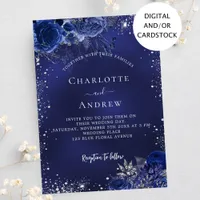 Navy blue silver sparkles floral wedding invitation