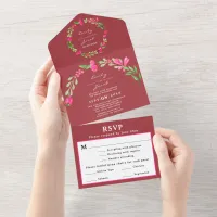 Pink Floral Greenery Dusty Red Elegant Wed RSVP All In One Invitation