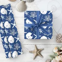 Coastal Christmas Starfish Sand Dollar Navy Blue  Wrapping Paper