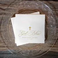 Baptism First Communion Gold God Bless Cross Napkins