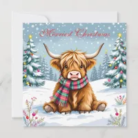 Cute Whimsical Highland Cow Personalized Christmas Card