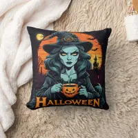 Witch enjoying pumpkin drink on Halloween night Throw Pillow