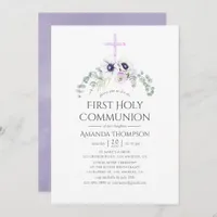 Dusty Violet Poppy Floral First Holy Communion Invitation