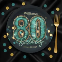 Stylish Vibrant Teal and Gold 80th Birthday Paper Plates