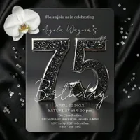 Elegant Black 3D Glitter Sparkle 75th Birthday Invitation