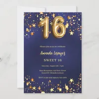 Sweet 16 navy blue gold stars invitation
