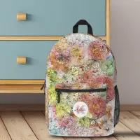 Watercolor Ink Floral Doodle Name and Monogram Printed Backpack