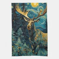 Moose in the Pine Forest Van Gogh Kitchen Towel
